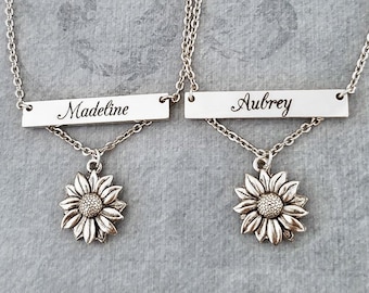 Sunflower Necklace SET of 2 STAINLESS STEEL Bar Necklaces Personalized Name Necklace Engraved Necklace Engraved Jewelry Friendship Necklace