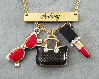 Lipstick Necklace STAINLESS STEEL Bar Necklace Purse Necklace Red Sunglasses Necklace Personalized Jewelry Name Necklace Engraved Necklace