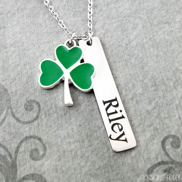 Clover Necklace Name Necklace STAINLESS STEEL Bar Necklace St. Patrick's Day Engraved Necklace Engraved Jewelry Good Luck Charm Necklace
