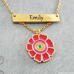 Red Flower Necklace STAINLESS STEEL Bar Necklace Personalized Jewelry Name Necklace Engraved Necklace Engraved Jewelry Custom Necklace Gift