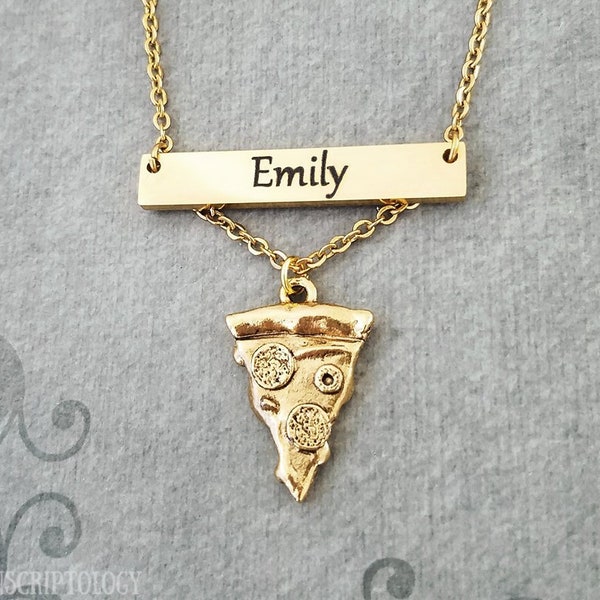 Pizza Necklace STAINLESS STEEL Bar Necklace Personalized Jewelry Name Necklace Engraved Necklace Engraved Jewelry Custom Necklace Charm Gift