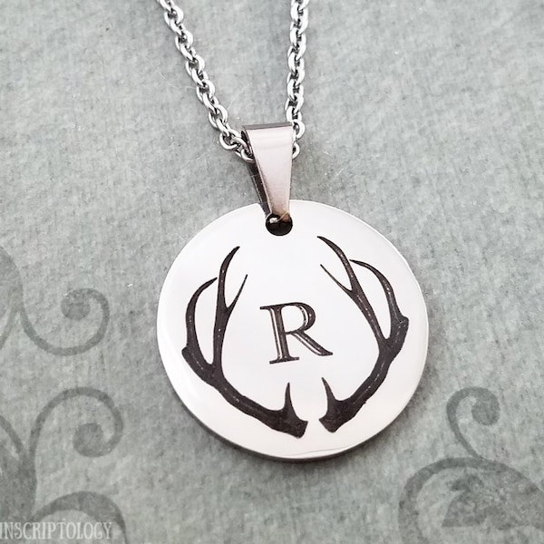 Antlers Necklace Initial Necklace STAINLESS STEEL Deer Necklace Personalized Jewelry Custom Engraved Necklace Men's Necklace Men's Jewelry