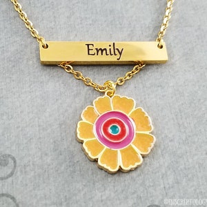 Yellow Flower Necklace STAINLESS STEEL Bar Necklace Personalized Jewelry Name Necklace Engraved Necklace Engraved Jewelry Custom Necklace