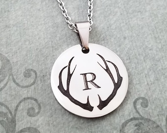 Antlers Necklace Initial Necklace STAINLESS STEEL Deer Necklace Personalized Jewelry Custom Engraved Necklace Men's Necklace Men's Jewelry