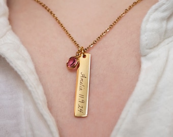 Personalized Name Necklace Custom Date Necklace Birthstone Crystal Engraved Jewelry Gold Stainless Steel Vertical Bar Pendant Mother's Day