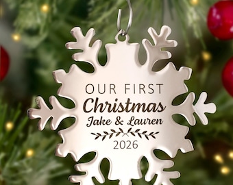 Our First Christmas Ornament Personalized Engraved Name Metal Snowflake Ornament STAINLESS STEEL Custom Christmas Tree Decoration Under 30