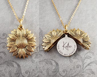 Sunflower Locket Necklace Name Necklace You Are My Sunshine Pendant Necklace Custom Engraving Charm Necklace Personalized Engraved Jewelry
