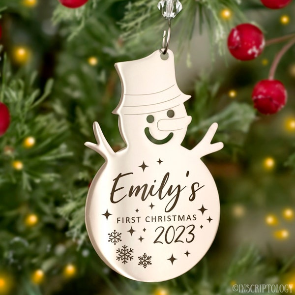 Snowman Christmas Ornament Personalized Engraved Name Baby's First Christmas STAINLESS STEEL Custom Christmas Tree Decoration Gift Under 30