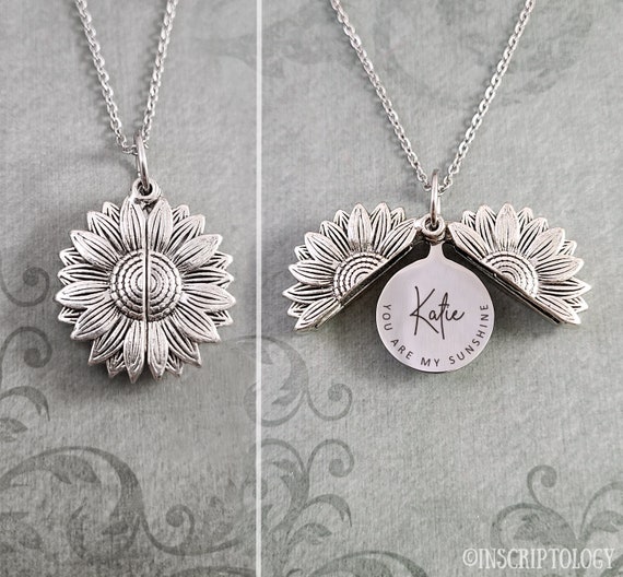 Sunflower Locket Necklace Name Necklace You Are My Sunshine Pendant Necklace Custom Engraving Charm Necklace Personalized Engraved Jewelry