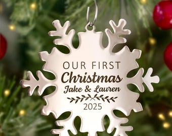 Our First Christmas Ornament Personalized Engraved Name Metal Snowflake Ornament STAINLESS STEEL Custom Christmas Tree Decoration Under 30