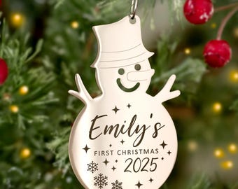 Snowman Christmas Ornament Personalized Engraved Name Baby's First Christmas STAINLESS STEEL Custom Christmas Tree Decoration Gift Under 30