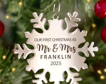 Our First Christmas as Mr. and Mrs. Ornament Personalized Engraved Couples Last Name Custom Metal Snowflake STAINLESS STEEL Tree Decoration