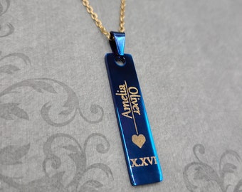 Customizable Necklace Personalized Engraved Vertical Necklace Rectangular Pendant Necklace Blue