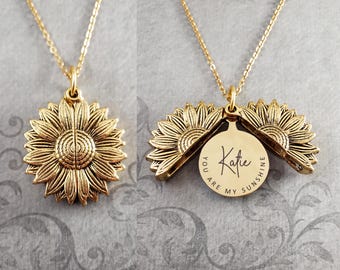 Sunflower Locket Necklace Name Necklace You Are My Sunshine Pendant Necklace Custom Engraving Charm Necklace Personalized Engraved Jewelry