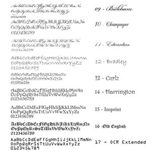May include: A black and white image showing a variety of fonts, including Bickham, Champagne, Edwardian, Bradley, Curlz, Harrington, Imprint, Old English, and OCR Extended. The fonts are displayed in a numbered list, with each font name listed next to its corresponding number.