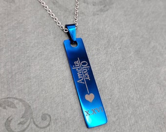 Customizable Necklace Personalized Engraved Vertical Necklace Rectangular Pendant Necklace Blue