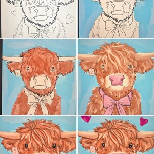 May include: A series of six paintings of a Highland cow with a pink bow tie and heart accents. The cow is depicted in various stages of completion, from a line drawing to a fully painted image with a blue background.