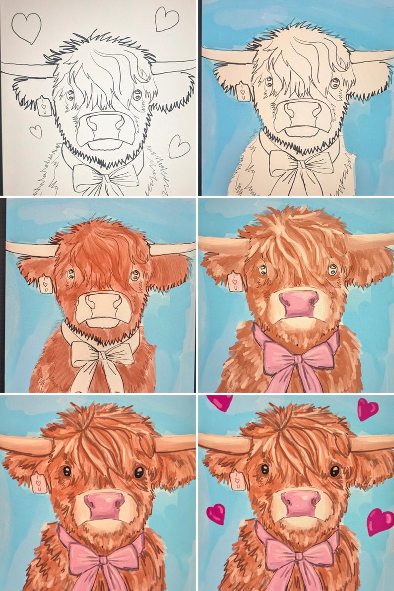 May include: A series of six paintings of a Highland cow with a pink bow tie and heart accents. The cow is depicted in various stages of completion, from a line drawing to a fully painted image with a blue background.