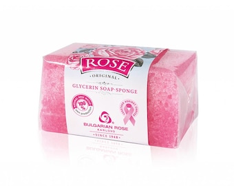 Esponja exfoliante de rosas, jabón limpiador en barra y esponja exfoliante suave, todo en uno. Más de 14 usos. Esponja corporal con extracto natural de rosas.