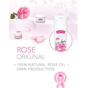 Puede incluir: Anuncio de productos para el cuidado de la piel Rose Original. La imagen presenta una rosa rosa, p&eacute;talos de rosa y varios envases de productos, incluyendo un tarro y una botella de leche limpiadora. El texto dice "Rose Original" y "100% Aceite de rosa natural - Producci&oacute;n propia."