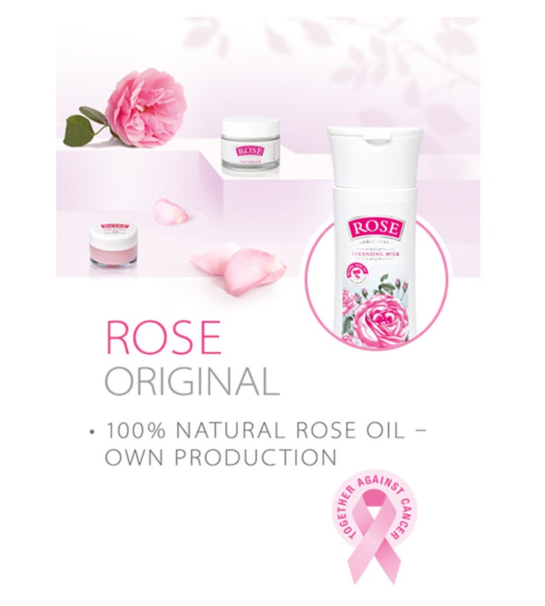 Puede incluir: Anuncio de productos para el cuidado de la piel Rose Original. La imagen presenta una rosa rosa, p&eacute;talos de rosa y varios envases de productos, incluyendo un tarro y una botella de leche limpiadora. El texto dice "Rose Original" y "100% Aceite de rosa natural - Producci&oacute;n propia."