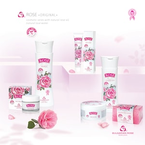 May include: A collection of cosmetic products from the Rose Original series, featuring white bottles and containers adorned with pink rose illustrations. The products include shampoo, day cream, cleansing milk, and body butter, with the brand name prominently displayed.