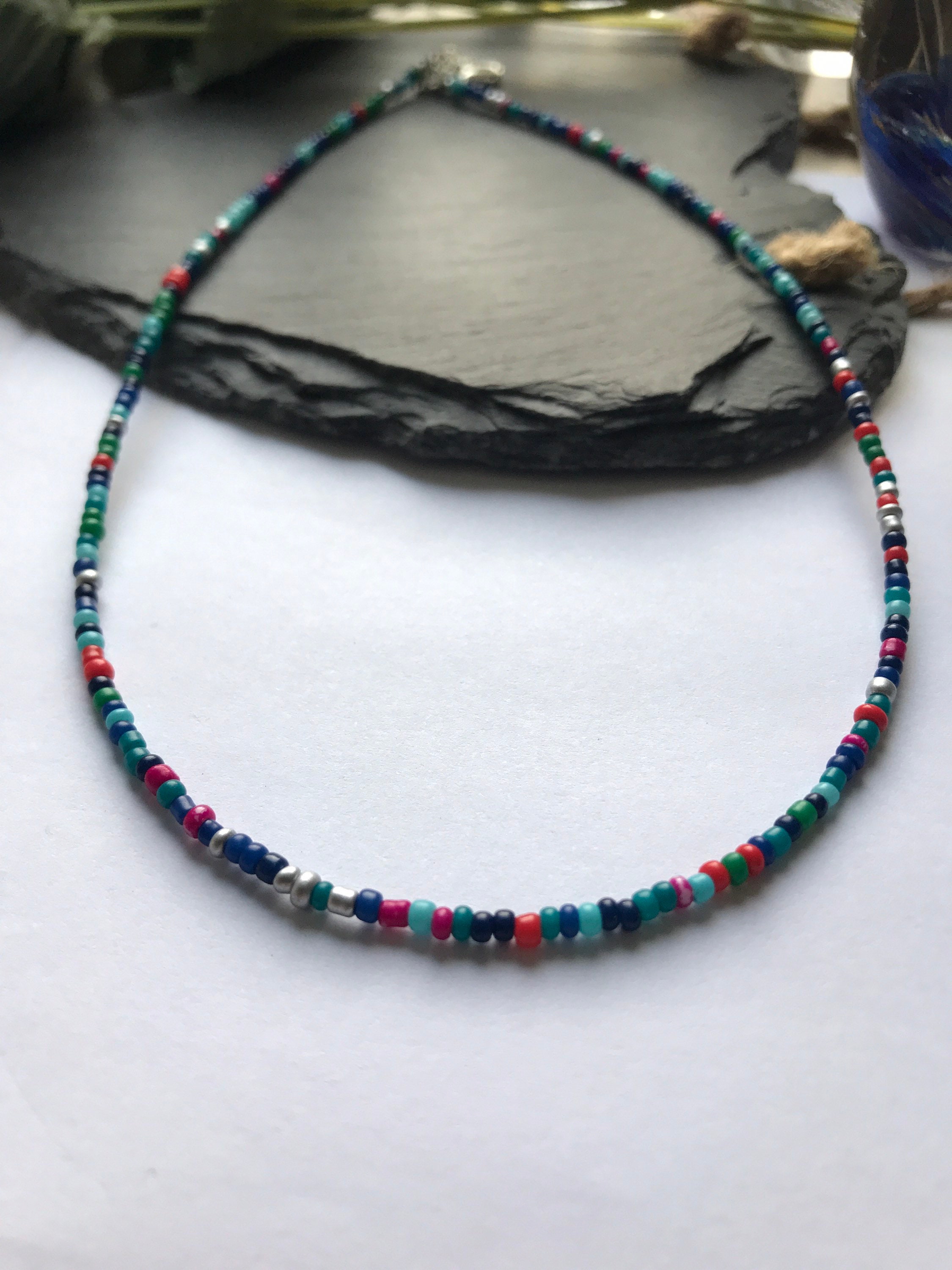 Multi Color Blue Seed Bead Choker, Wire Neclace,,Beaded Choker,Seed B…