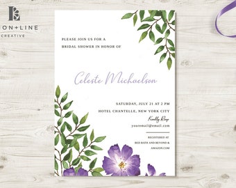 Púrpura Floral Ducha Invitar, Ducha Nupcial Invitación Púrpura, DESCARGA INSTANTE, plantilla, Ducha de boda púrpura, Boho, Greenery, Acuarela