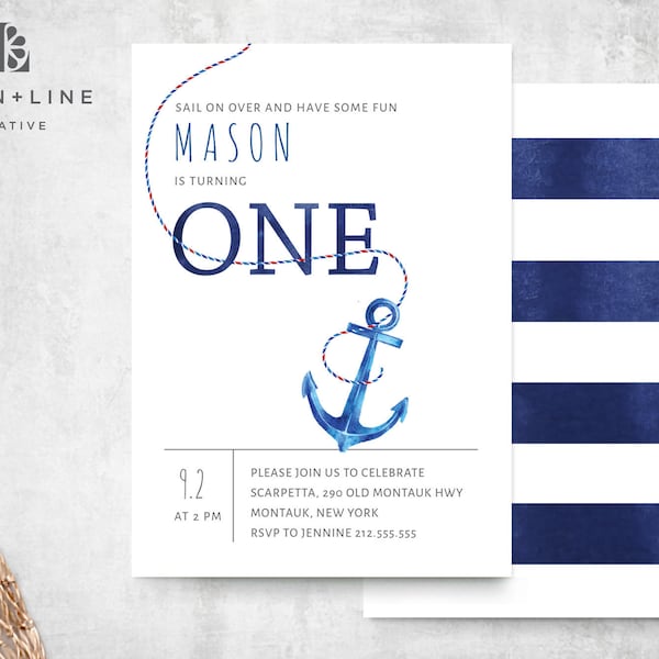 Nautical First Birthday Invitation, Editable, Template, Printable, Nautical Theme, Anchor Invite, Boy Birthday Invite, Digital