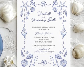 Convite para chá de panela na praia, chá de panela, convite para chá de panela no oceano, convite com conchas, estrela do mar, turquesa, convite para impressão, modelo