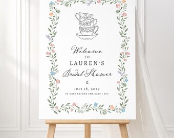 Letrero de bienvenida para despedida de soltera con temática de fiesta de té, diseño de taza de té, estampado floral vintage (descarga instantánea de 18x24 pulgadas)