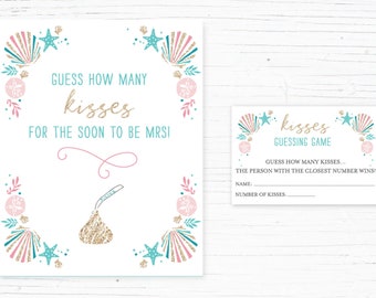 Beach Bridal Shower Games, How Many Kisses, Nautical Shower Games, Pink, Seashell Games, Printable, Instant Download,