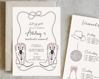 Convite para despedida de solteira de cowgirl, convite e itinerário para despedida de solteira de cowgirl, último rodeio, modelo, Nash Bash, para impressão