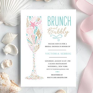 Beach Bridal Shower Invite, Beach Theme, Ocean Bridal Shower, Pink, Turquoise, Gold, Printable Invitation, Template, Instant Download
