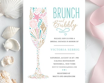 Convite para chá de panela na praia, tema praia, chá de panela no oceano, rosa, turquesa, dourado, convite para impressão, modelo, download instantâneo