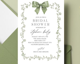 Convite para chá de panela verde-sálvia: convite para chá de panela com laço, download instantâneo, convite vintage, botânico, modelo, para impressão, editável