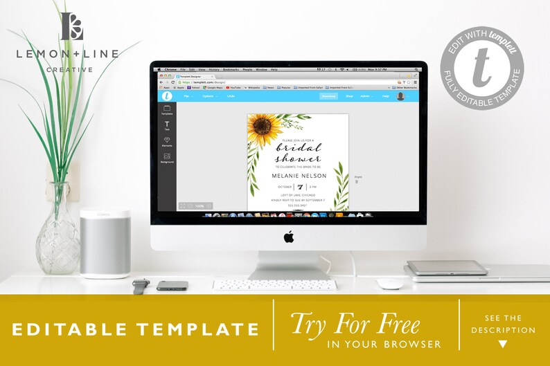 May include: A computer screen displaying a sunflower-themed bridal shower invitation template. The template is editable and can be customized with text and colors. The text on the screen reads "Please join us for a bridal shower to celebrate the bride to be Melanie Nelson.  [Date] at [Time] [Location] RSVP by [Date] to [Phone Number]."