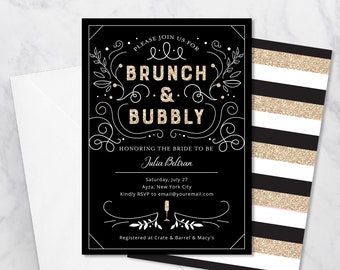 Convite para chá de panela preto e dourado, convite para brunch e espumante, listra preta e branca, convite para impressão, modelo editável
