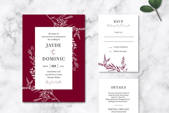 Burgundy Wedding Invitation, Burgundy Invitation, Marsala Wedding Invitaiton, Merlot Wedding, Rustic Wedding, Printable Invitation, Template Il_570xn