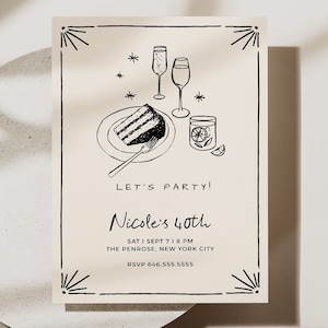 Editable Birthday Party Invitation, 30th, 40th, 50th, Simple Adult Birthday Invitation, Hand Drawn Invitation, Minimal Party Invitation