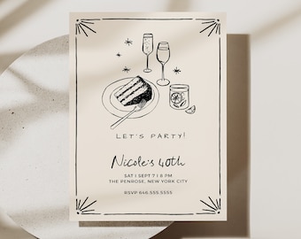 Convite editável para festa de aniversário, 30º, 40º, 50º, convite simples para aniversário de adulto, convite desenhado à mão, convite minimalista para festa