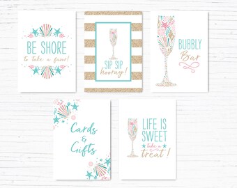 Beach Bridal Shower Signs, Table Signs, Beach Theme Shower, Nautical Shower Signs, Seashell, Pink, Printable, Instant Download, Bubbly Bar