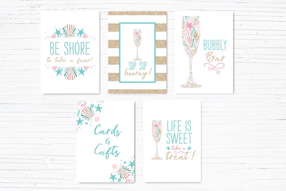 Beach Bridal Shower Signs, Table Signs, Beach Theme Shower, Nautical Shower Signs, Seashell, Pink, Printable, Instant Download, Bubbly Bar Il_570xn