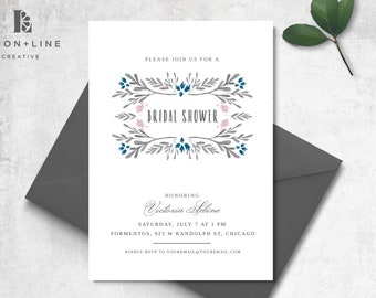 Modern Bridal Shower Invitation, Watercolor Bridal Shower Invite, Printable Invite, Gray, Navy, Blush, Template