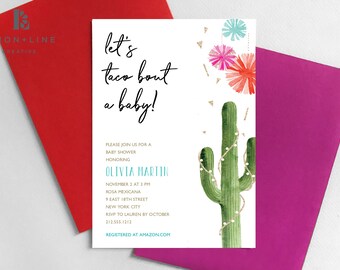 Convite para chá de bebê Fiesta, convite para chá de bebê Cactus, convite para chá de bebê mexicano, convite com tema mexicano, Taco, para impressão, modelo