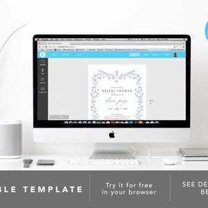 May include: A computer screen displaying a blue and white floral bridal shower invitation template. The template is editable and can be customized with text and images. The text on the invitation reads "Bridal Shower" and "[Name]" in a cursive font.