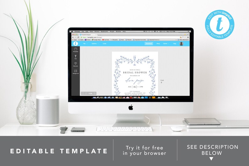 May include: A computer screen displaying a blue and white floral bridal shower invitation template. The template is editable and can be customized with text and images. The text on the invitation reads "Bridal Shower" and "[Name]" in a cursive font.