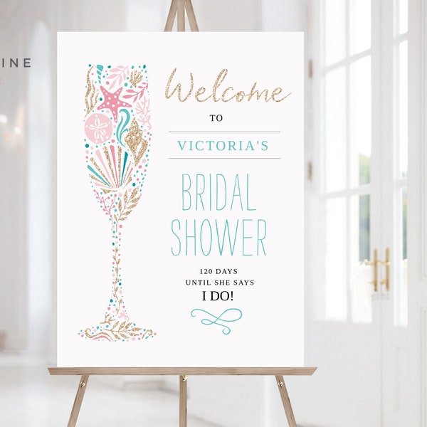 Beach Bridal Shower Welcome Sign, Beach Bridal Sign, Beach Theme, Beach Wedding Shower Sign, Printable, Pink, 18x24, INSTANT DOWNLOAD