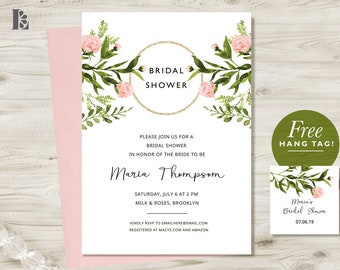 Blush Pink and Gold Bridal Shower Invite, Boho Bridal Shower, Pink and Gold, Glitter, Pink Floral, Greenery, Printable, Instant Download