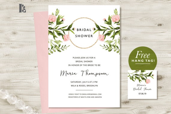 Blush Pink and Gold Bridal Shower Invite, Boho Bridal Shower, Pink and Gold, Glitter, Pink Floral, Greenery, Printable, Instant Download Il_570xn
